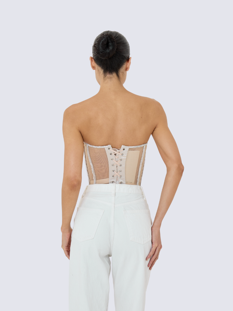 Precious Closet Sheer Mesh Crystal Trim Boned Corset Top