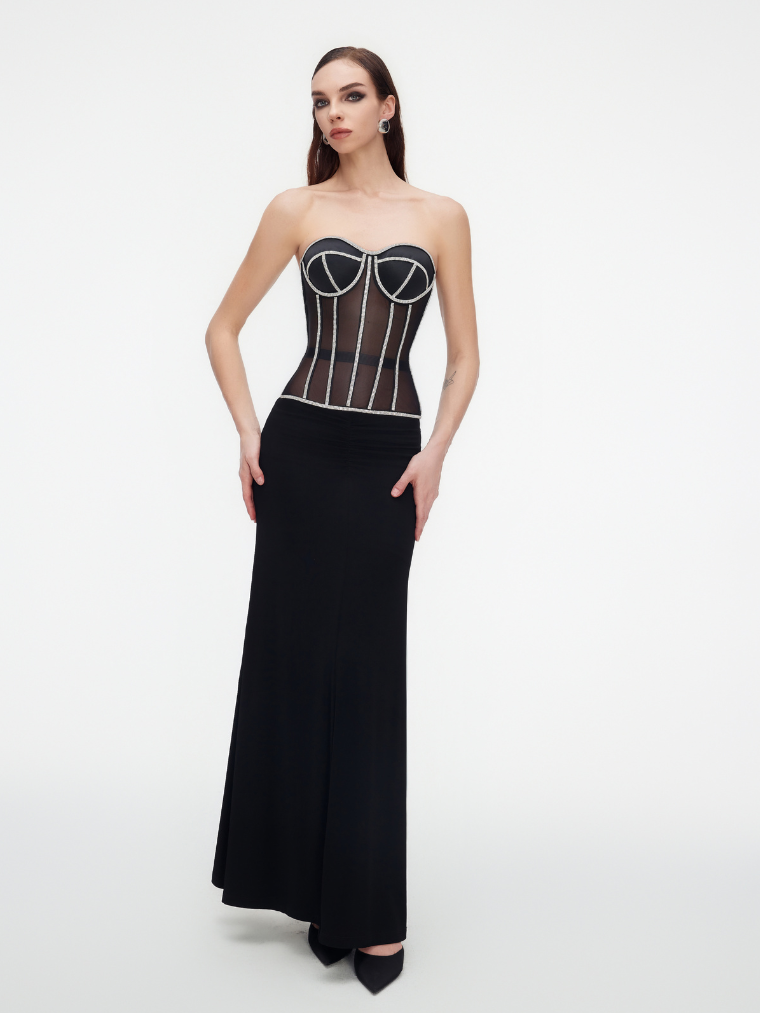 Precious Closet Black Crystal Embellished Sheer Corset Bra Top