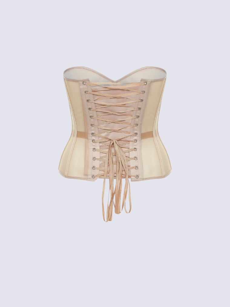Precious Closet Sheer Mesh Boned Lace Up Corset Bustier Top