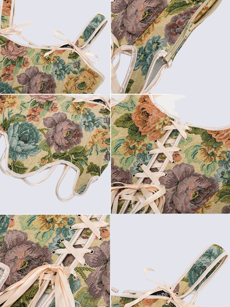 Precious Closet Fairy Green Floral Tapestry Lace-Up Corset