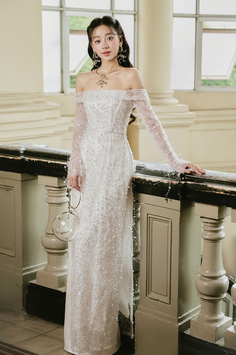 Minh Chau Sheath Off-Shoulder Lace Midi Ao Dai