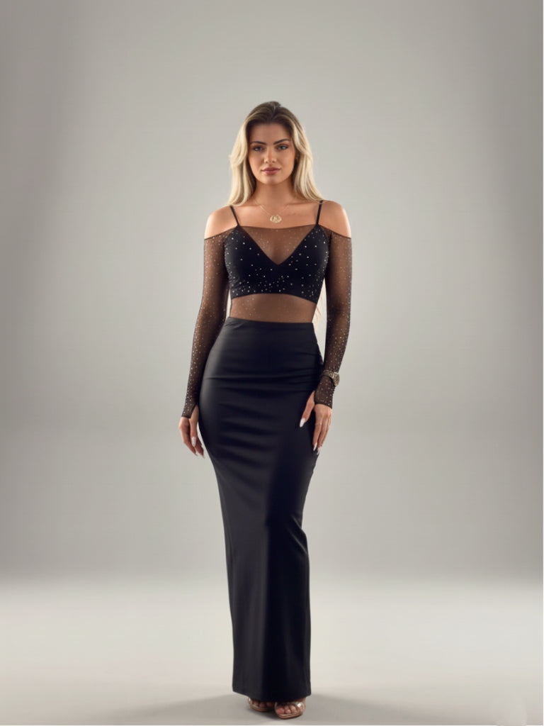 Precious Closet Black Sheer Sparkle Off-Shoulder Crop Top