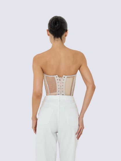 Precious Closet Sheer Mesh Crystal Trim Boned Corset Top