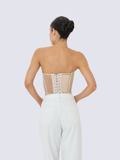 Precious Closet Beige Mesh Crystal Cup Bustier Corset