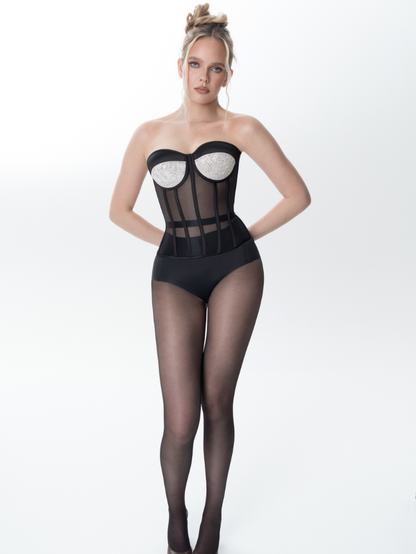 Precious Closet Black Mesh Crystal Cup Bustier Corset