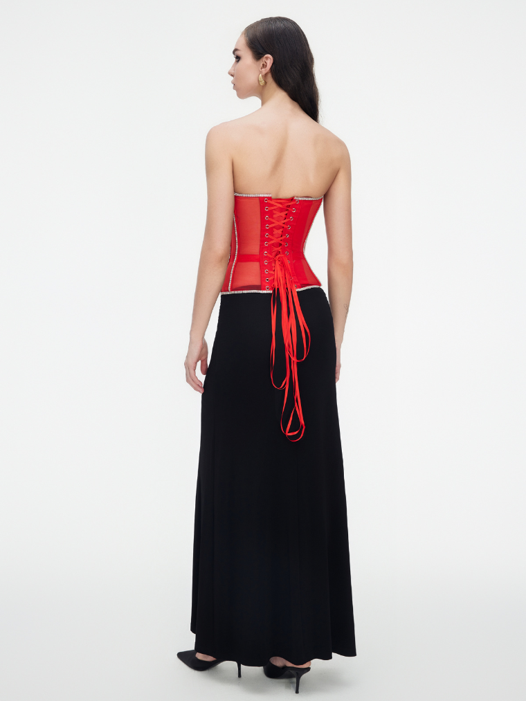 Precious Closet Red Crystal Embellished Sheer Corset Bra Top