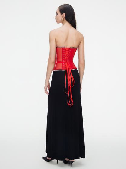 Precious Closet Red Crystal Embellished Sheer Corset Bra Top