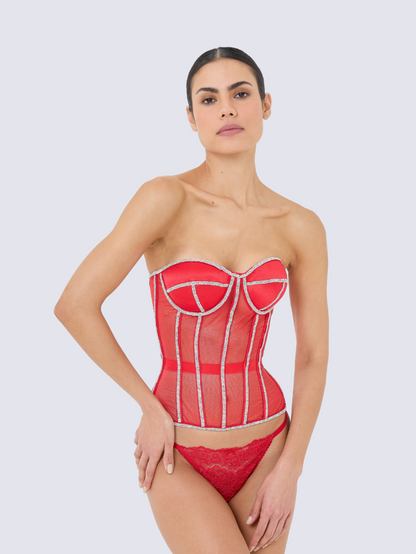 Precious Closet Red Crystal Embellished Sheer Corset Bra Top