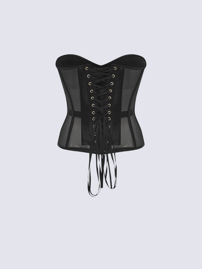 Precious Closet Sheer Mesh Boned Lace Up Corset Bustier Top