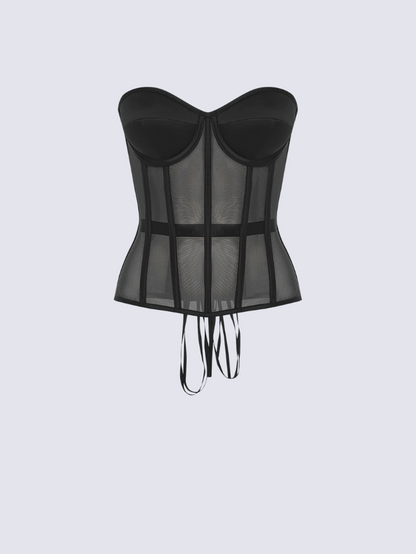 Precious Closet Sheer Mesh Boned Lace Up Corset Bustier Top