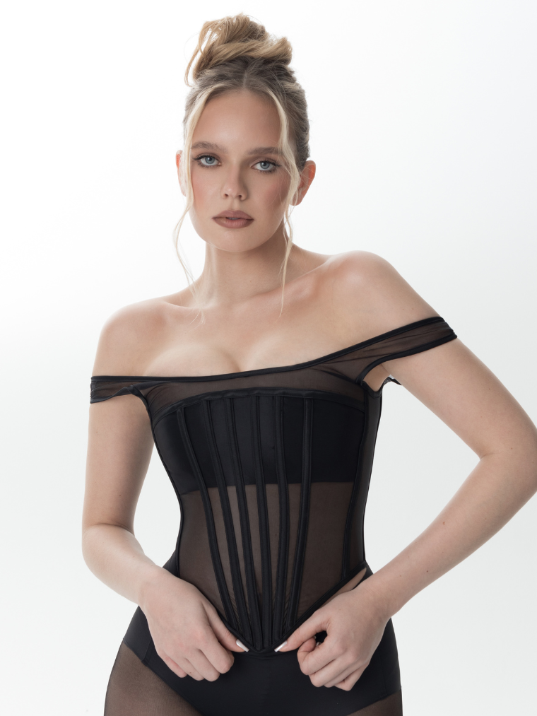 Precious Closet Black T Form Mesh Boned Corset Top