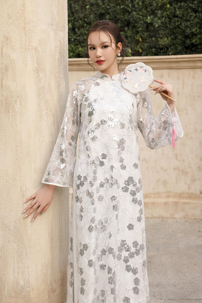 Suong Mai Straight Mandarin Neck Sequin Floor Length Ao Dai Set