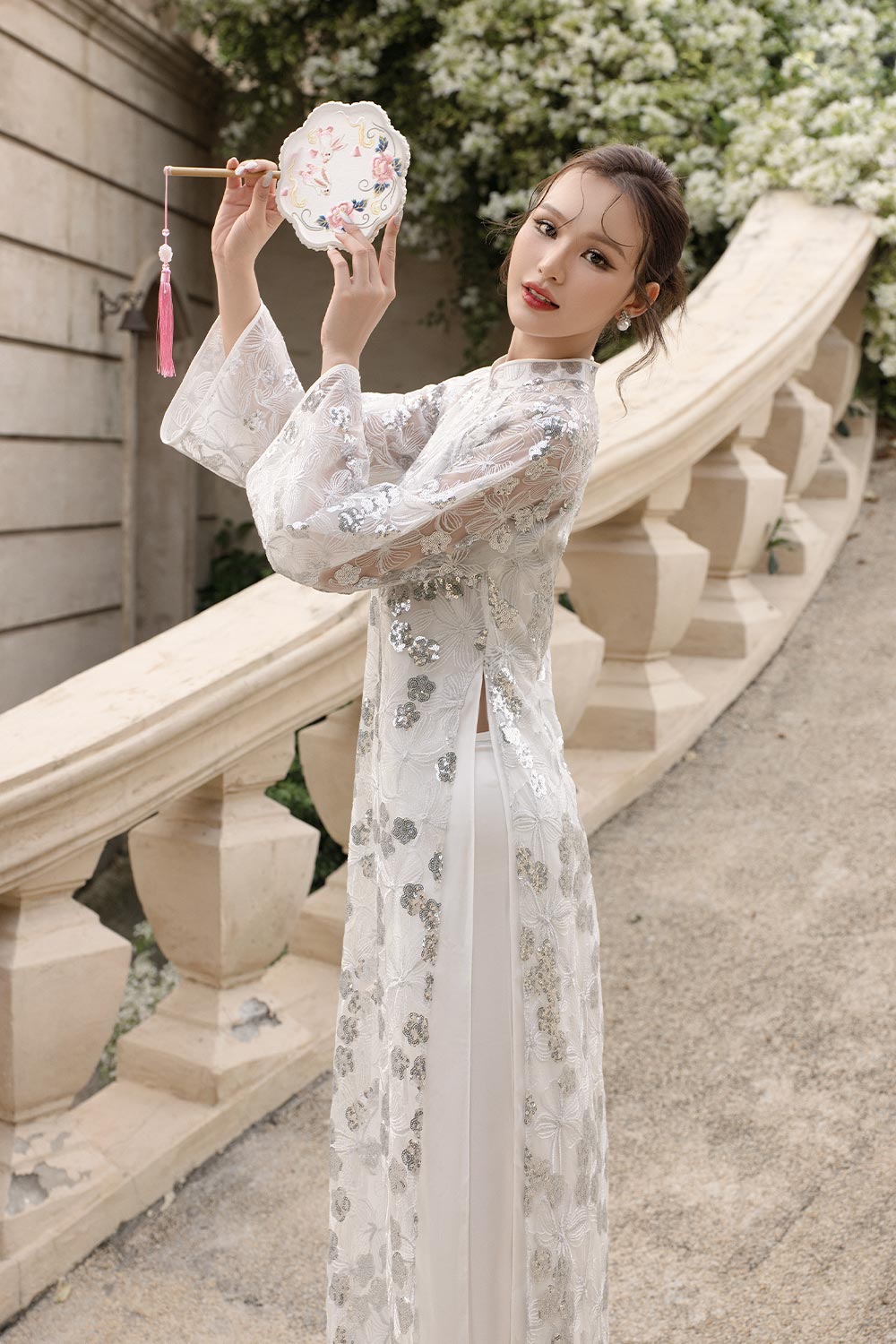 Suong Mai Straight Mandarin Neck Sequin Floor Length Ao Dai Set