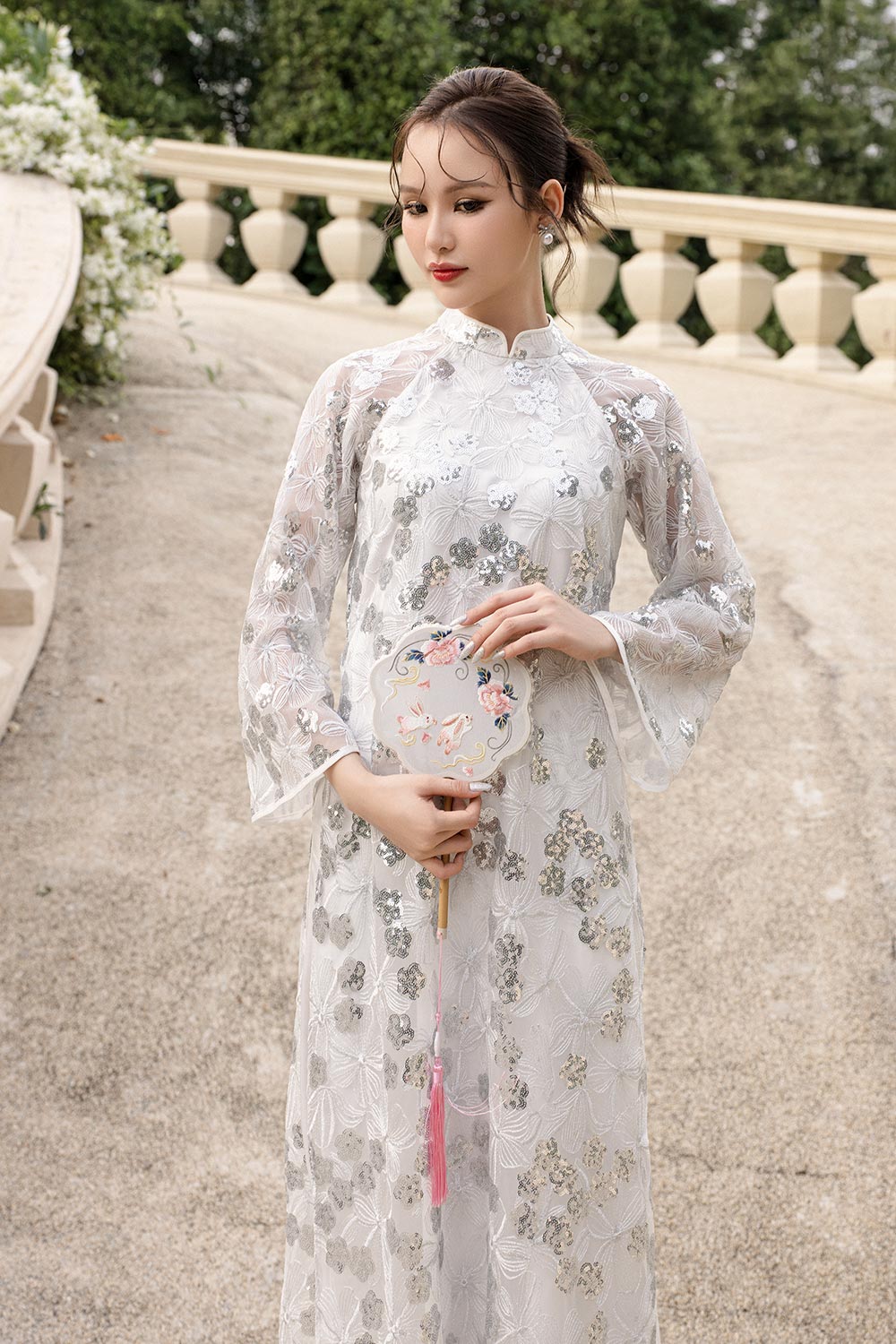Suong Mai Straight Mandarin Neck Sequin Floor Length Ao Dai Set