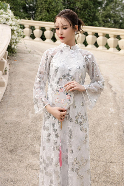 Suong Mai Straight Mandarin Neck Sequin Floor Length Ao Dai Set