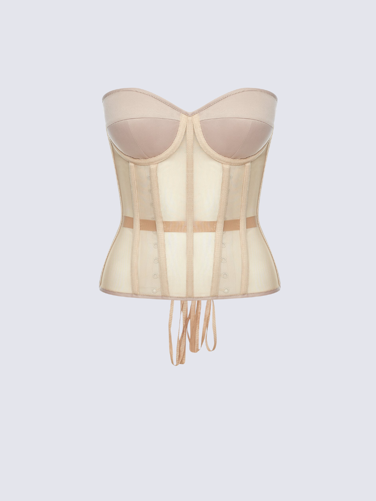 Precious Closet Sheer Mesh Boned Lace Up Corset Bustier Top