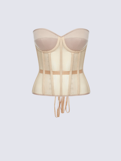 Precious Closet Sheer Mesh Boned Lace Up Corset Bustier Top