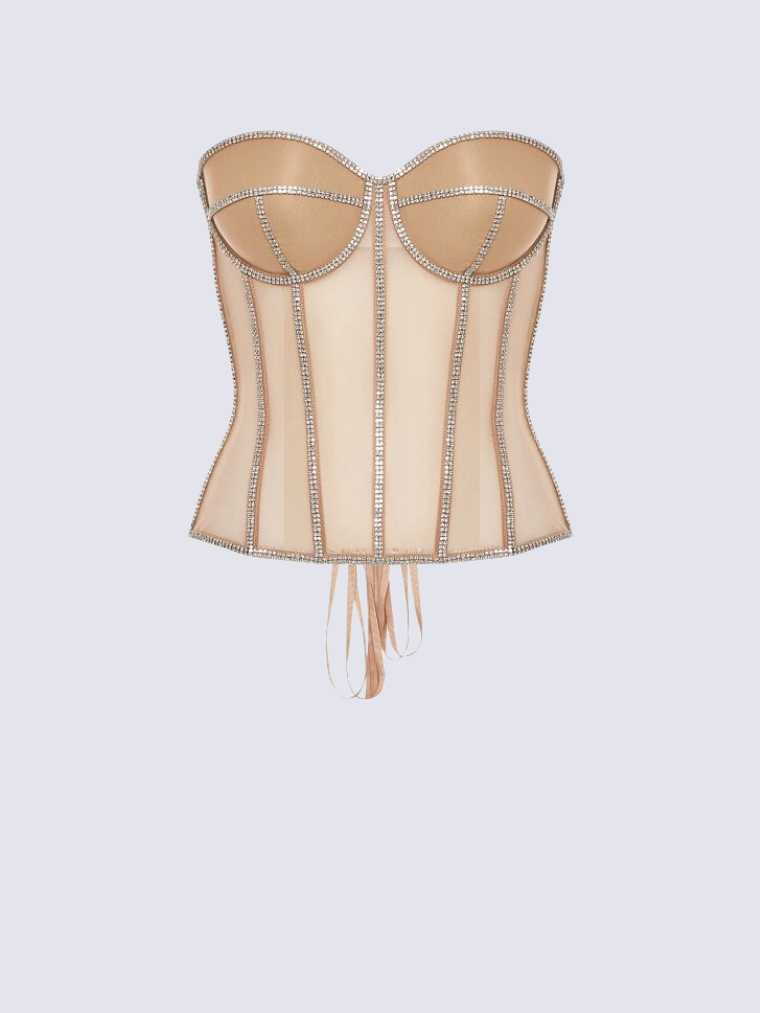 Precious Closet Sheer Mesh Crystal Trim Boned Corset Top