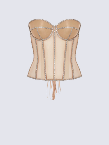 Precious Closet Sheer Mesh Crystal Trim Boned Corset Top