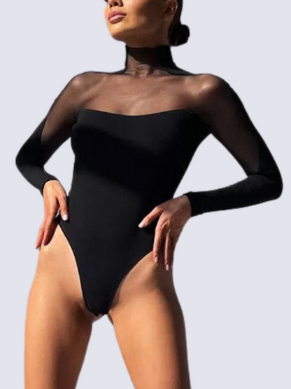 Precious Closet Black Mesh Sheer Long Sleeve Turtleneck Bodysuit