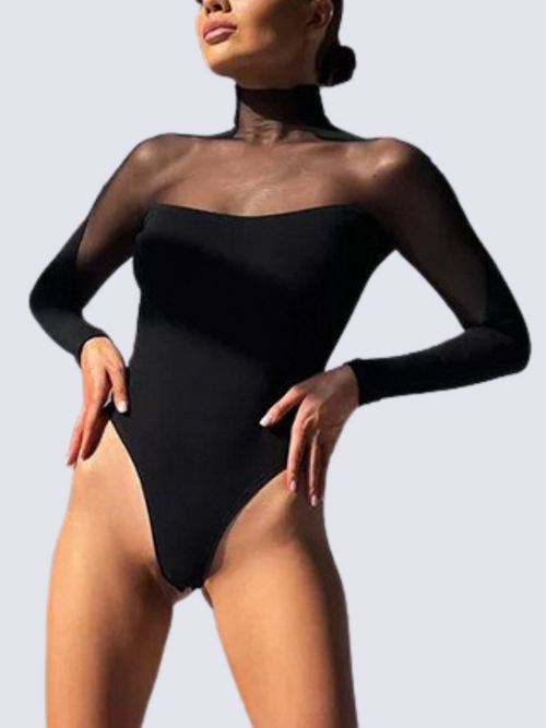 Precious Closet Black Mesh Sheer Long Sleeve Turtleneck Bodysuit