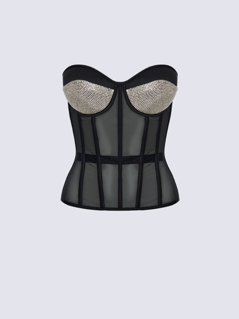 Precious Closet Black Mesh Crystal Cup Bustier Corset