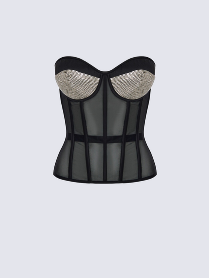 Precious Closet Black Mesh Crystal Cup Bustier Corset