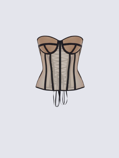 Precious Closet Nude Black Cage Boned Sheer Bustier Corset Top