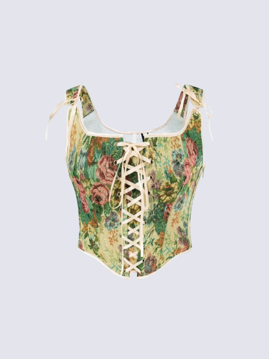 Precious Closet Fairy Green Floral Tapestry Lace-Up Corset