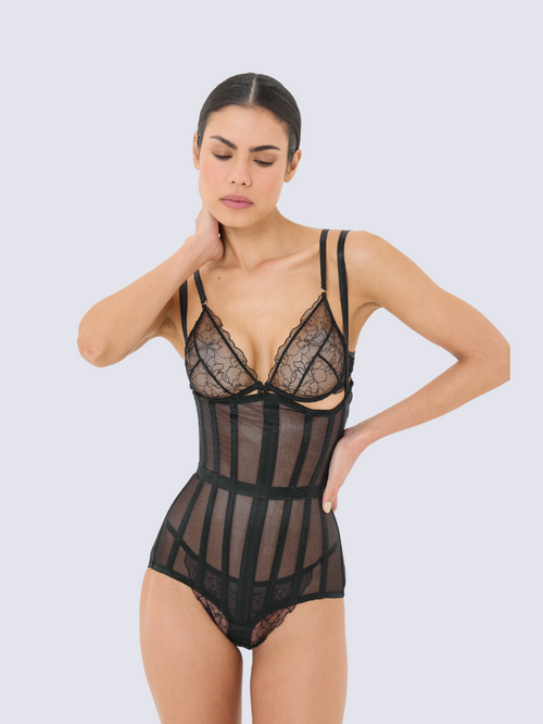 Precious Closet Cape Form Black Lace Mesh Bodysuit