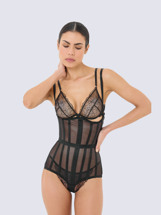 Precious Closet Cape Form Black Lace Mesh Bodysuit