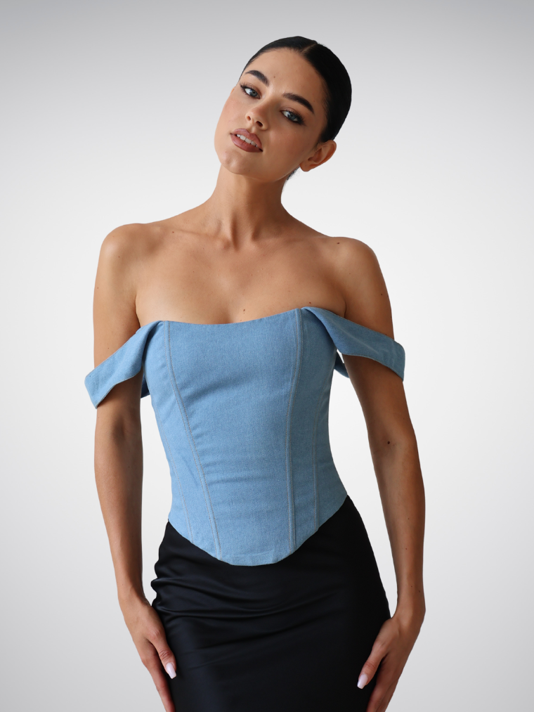 Precious Closet Blue Denim Off Shoulder Bustier Corset