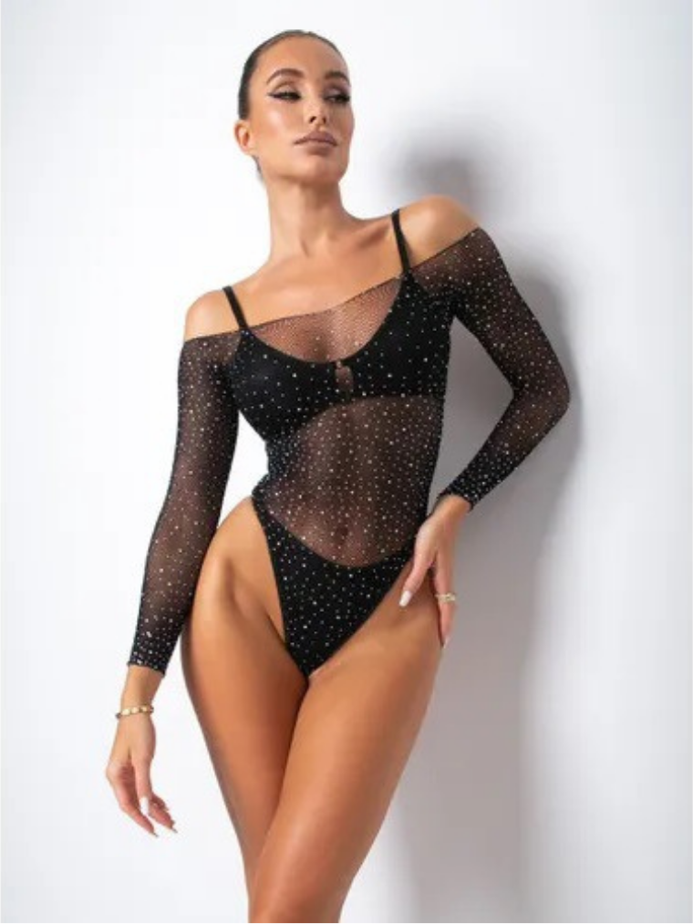 Precious Closet Black Sheer Sparkle Off-Shoulder Crop Top