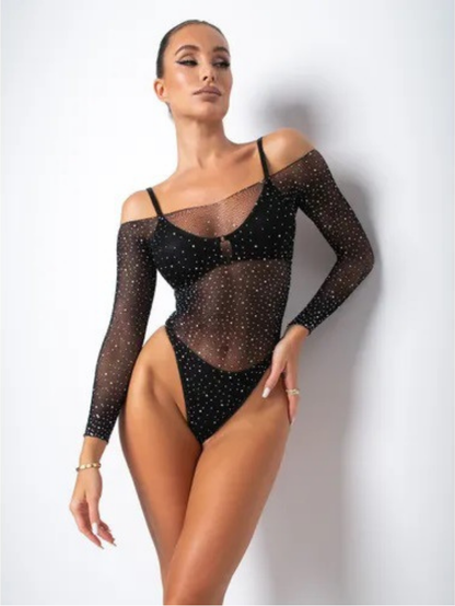 Precious Closet Black Sheer Sparkle Off-Shoulder Crop Top