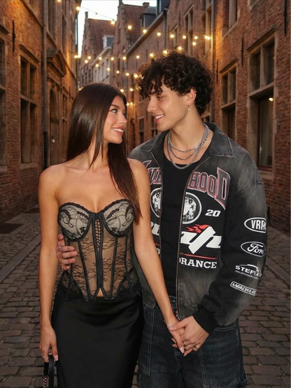 Precious Closet Black Sheer Lace Boned Sweetheart Bustier Top
