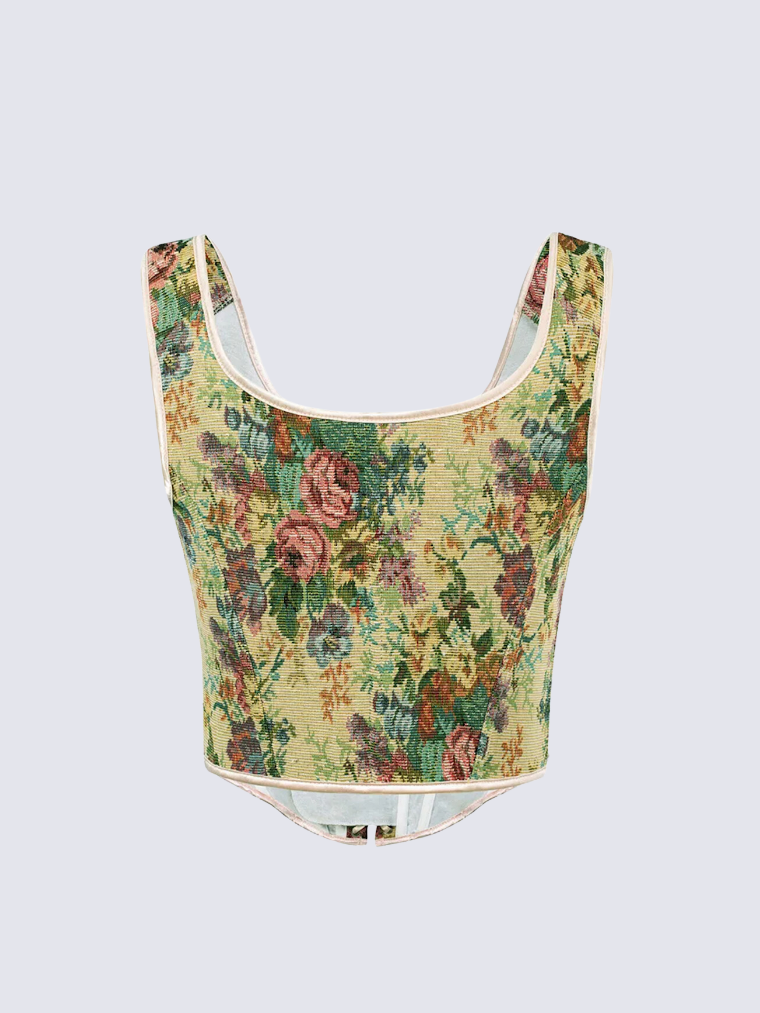 Precious Closet Fairy Green Floral Tapestry Lace-Up Corset