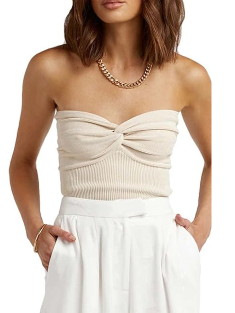 Precious Closet Ribbed Knit Twist Front Strapless Crop Top