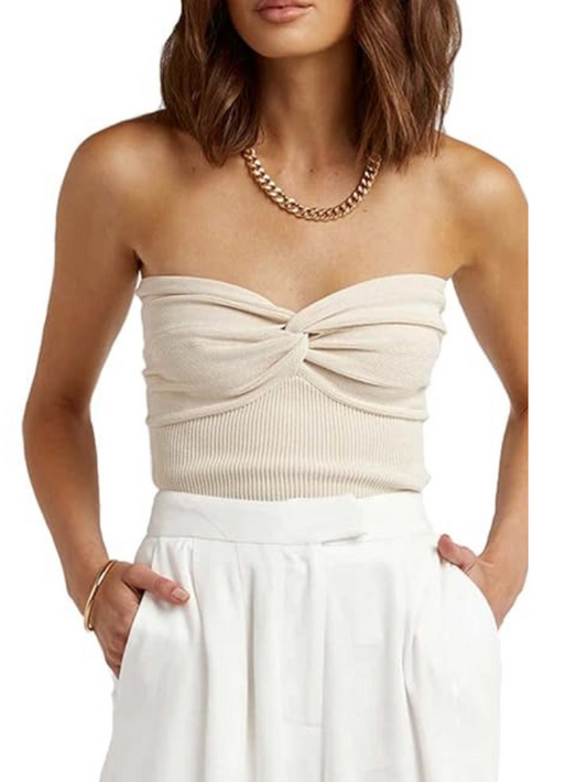 Precious Closet Ribbed Knit Twist Front Strapless Crop Top