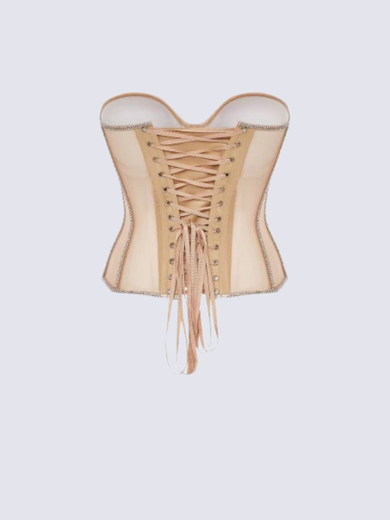 Precious Closet Sheer Mesh Crystal Trim Boned Corset Top