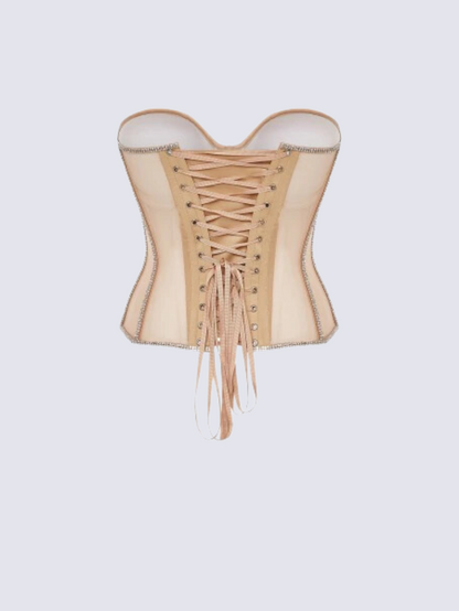 Precious Closet Sheer Mesh Crystal Trim Boned Corset Top