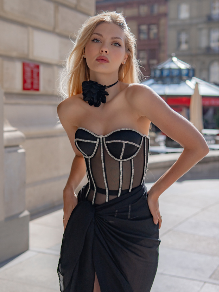 Precious Closet Black Crystal Embellished Sheer Corset Bra Top
