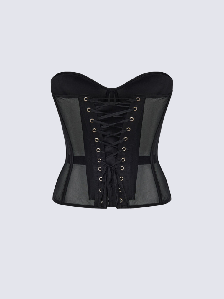 Precious Closet Black Mesh Crystal Cup Bustier Corset