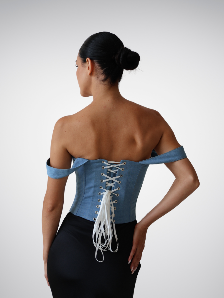 Precious Closet Blue Denim Off Shoulder Bustier Corset