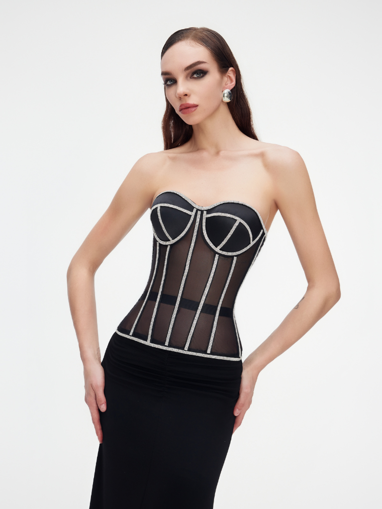 Precious Closet Black Crystal Embellished Sheer Corset Bra Top