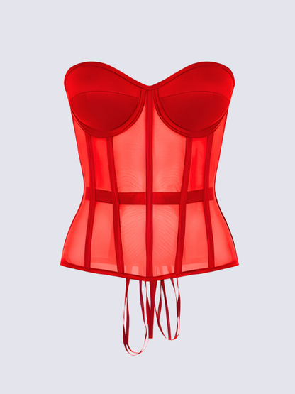 Precious Closet Sheer Mesh Boned Lace Up Corset Bustier Top
