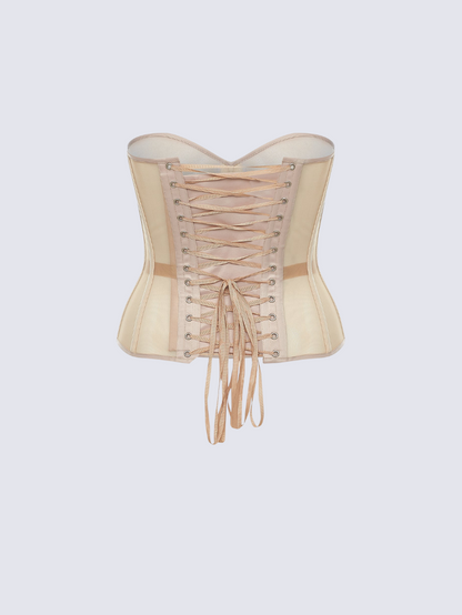 Precious Closet Sheer Mesh Boned Lace Up Corset Bustier Top