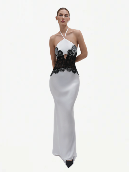 Precious Closet White Satin Black Lace Halter Maxi Dress