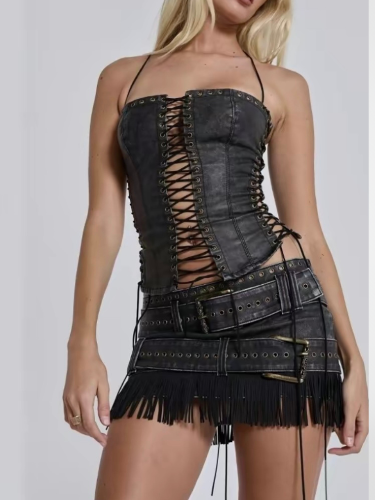 Precious Closet Crisscross Black Faux Leather Lace-Up Corset