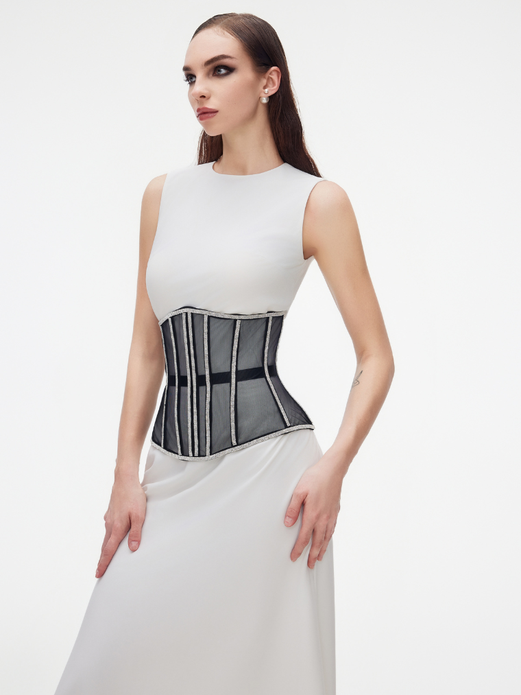 Precious Closet Black Mesh Crystal Trim Waist Corset