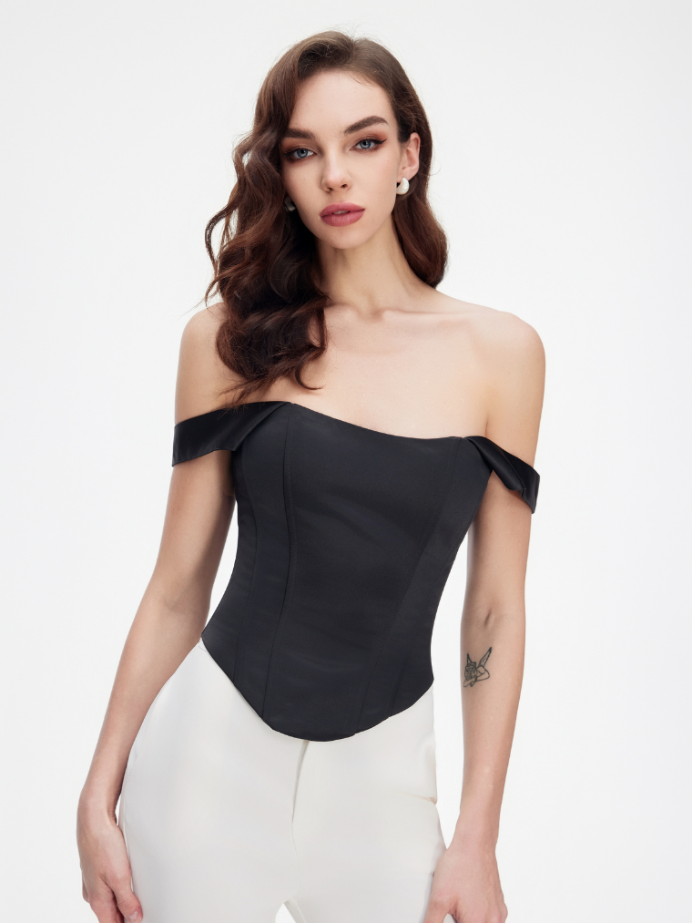 Precious Closet Black Satin Off Shoulder Bustier Corset